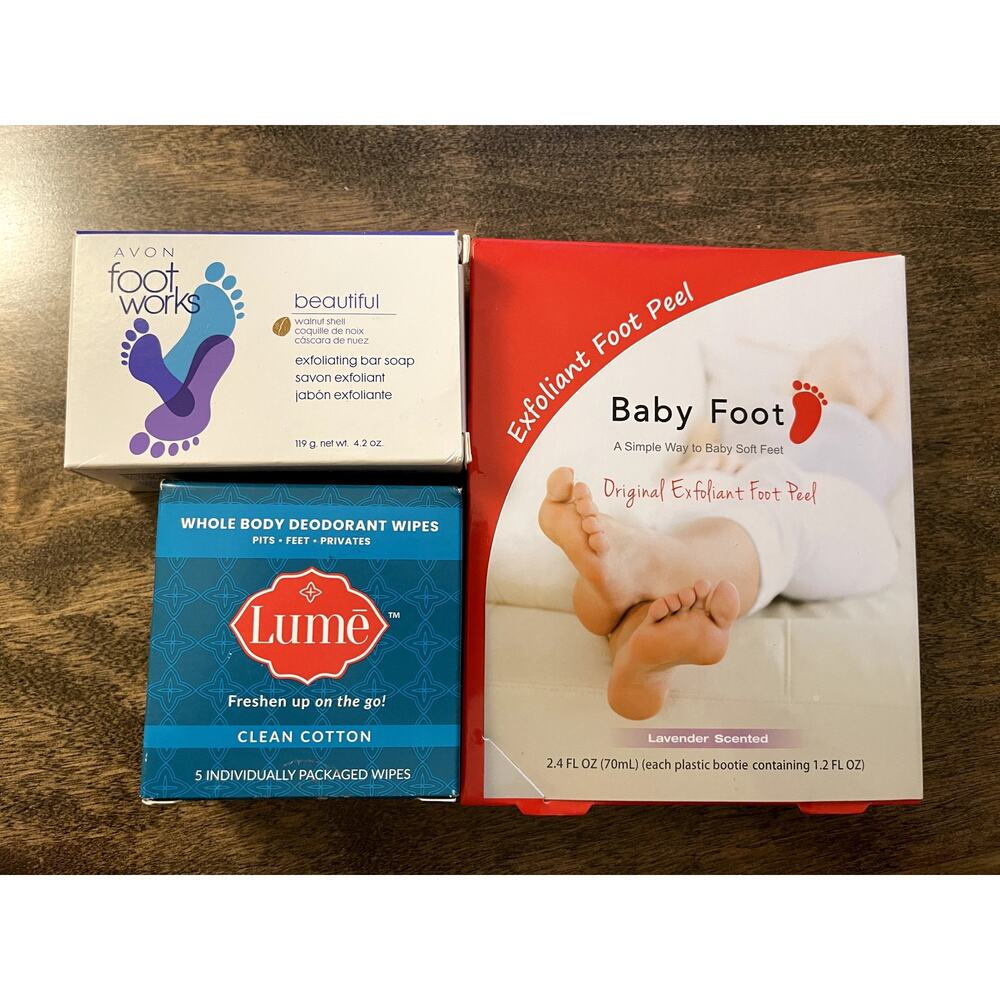 SEALED Foot Care Bundle: Baby Foot, Avon Foot‎ Works Soap, Lume Deodorant Wipes
